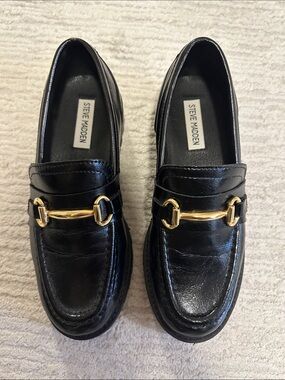 Steve Madden Black Loafers with Gold Chain Accent